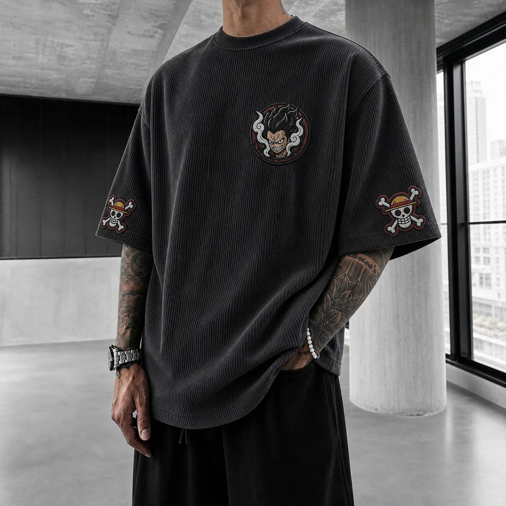Unisex Oversized Anime-Print Vertical-Stripe Short-Sleeve T-Shirt