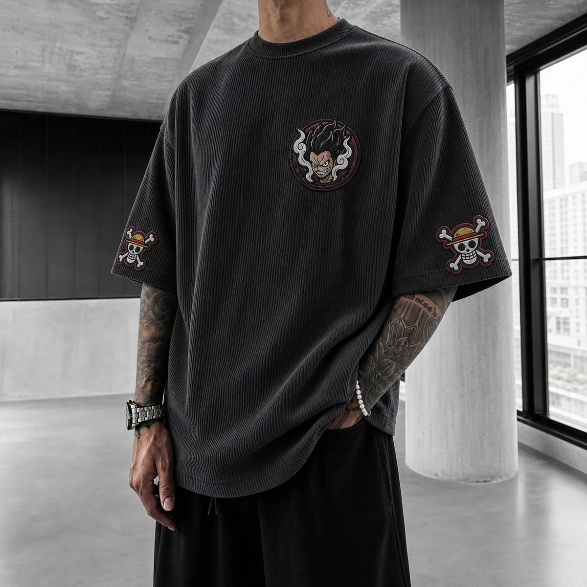 Unisex Oversized Anime-Print Vertical-Stripe Short-Sleeve T-Shirt
