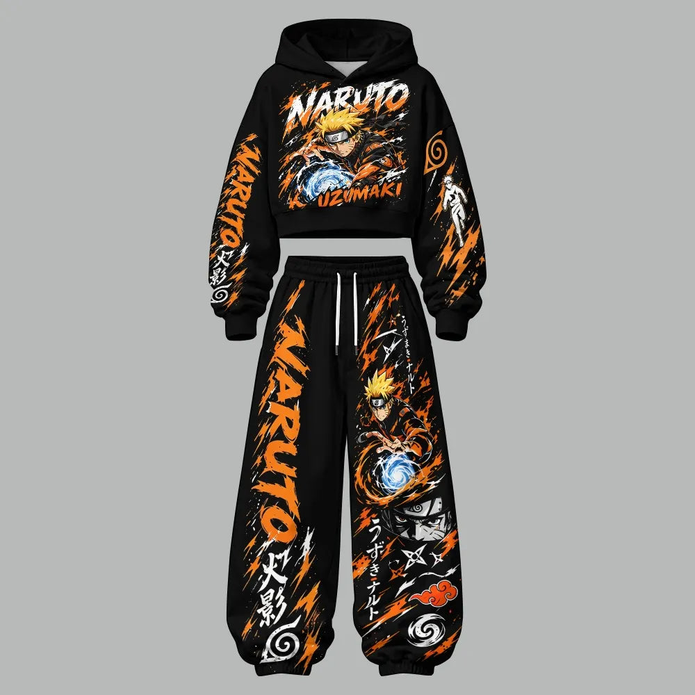Naruto Uzumaki Women's Cropped Long Sleeve Hoodie & High Waist Jogger Pants Two Piece Tracksuit Set