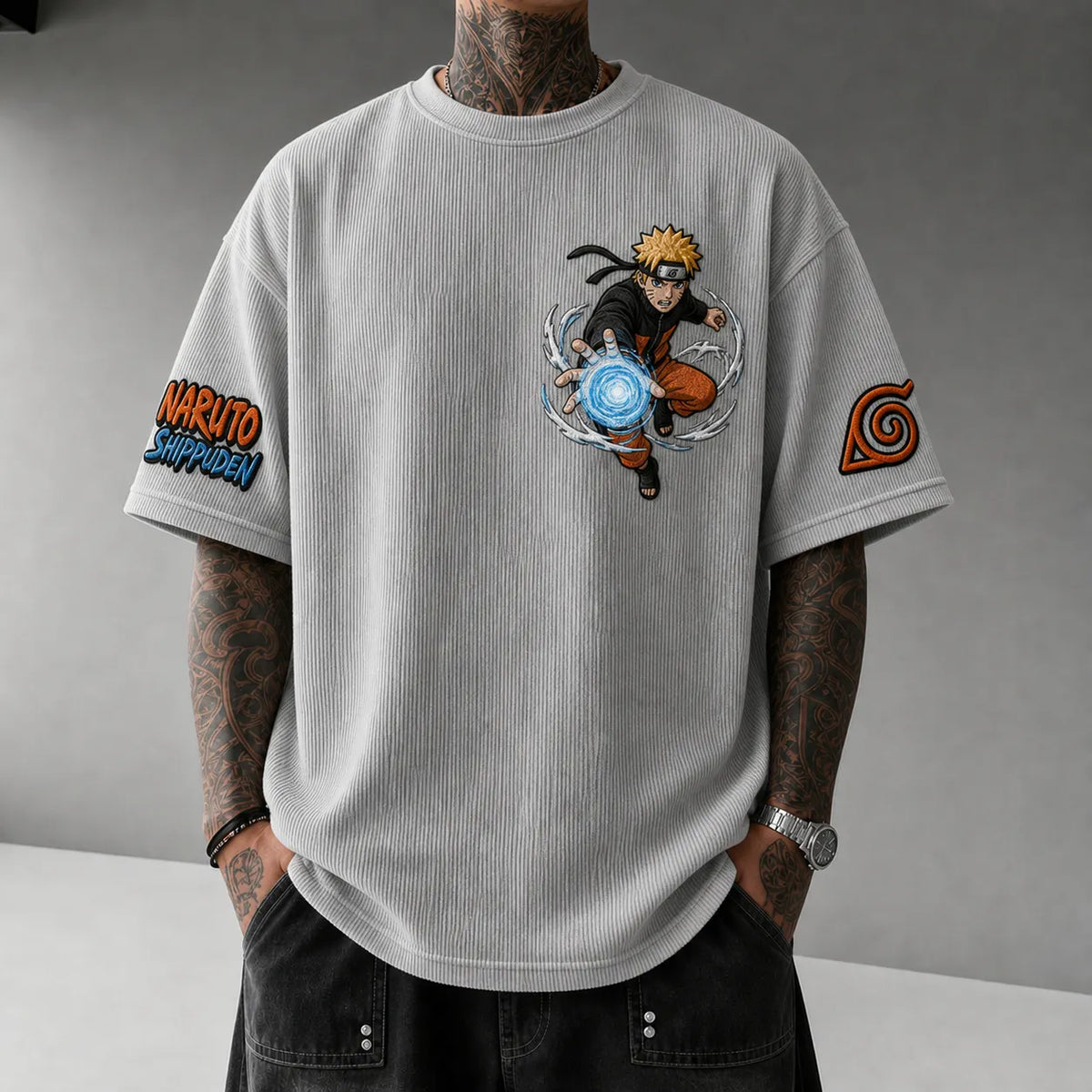 Unisex Anime-Style Retro Corduroy Oversized T-Shirt