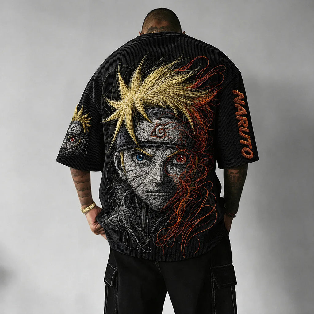 Unisex Anime-Style Retro Corduroy Oversized T-Shirt