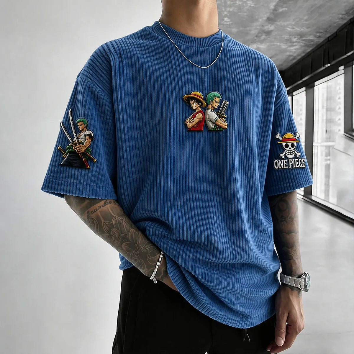 Unisex Anime-Style Retro Corduroy Oversized T-Shirt