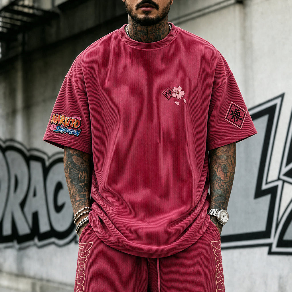 Unisex Anime-Style Retro Corduroy Oversized T-Shirt