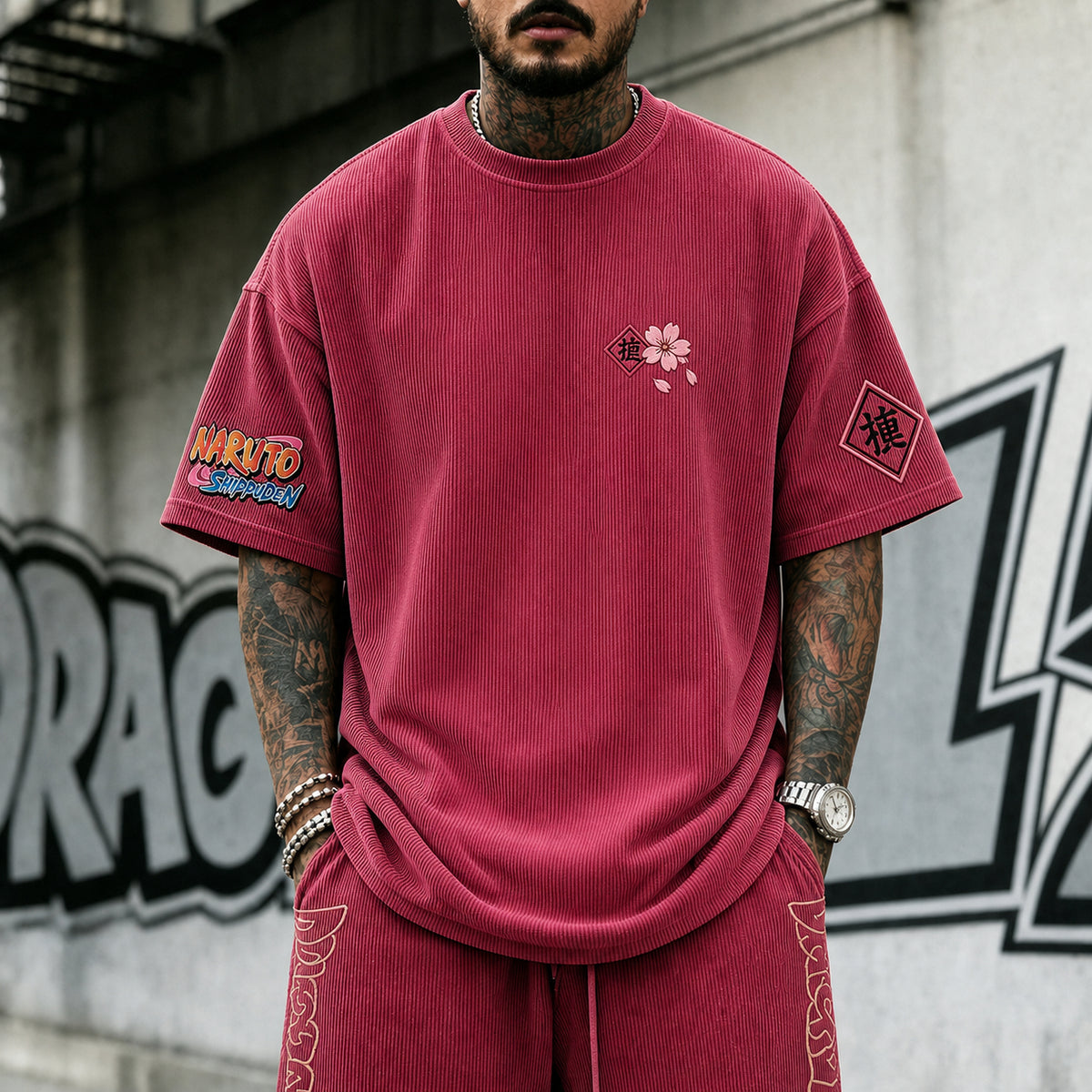 Unisex Anime-Style Retro Corduroy Oversized T-Shirt