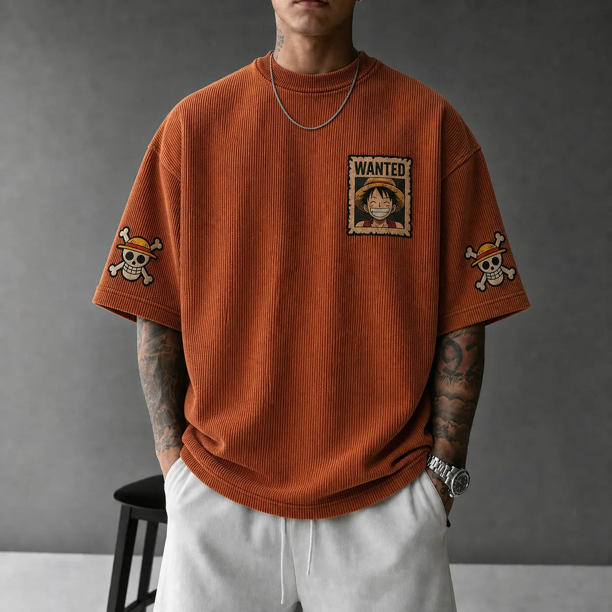 Unisex Oversized Anime-Print Vertical-Stripe Short-Sleeve T-Shirt