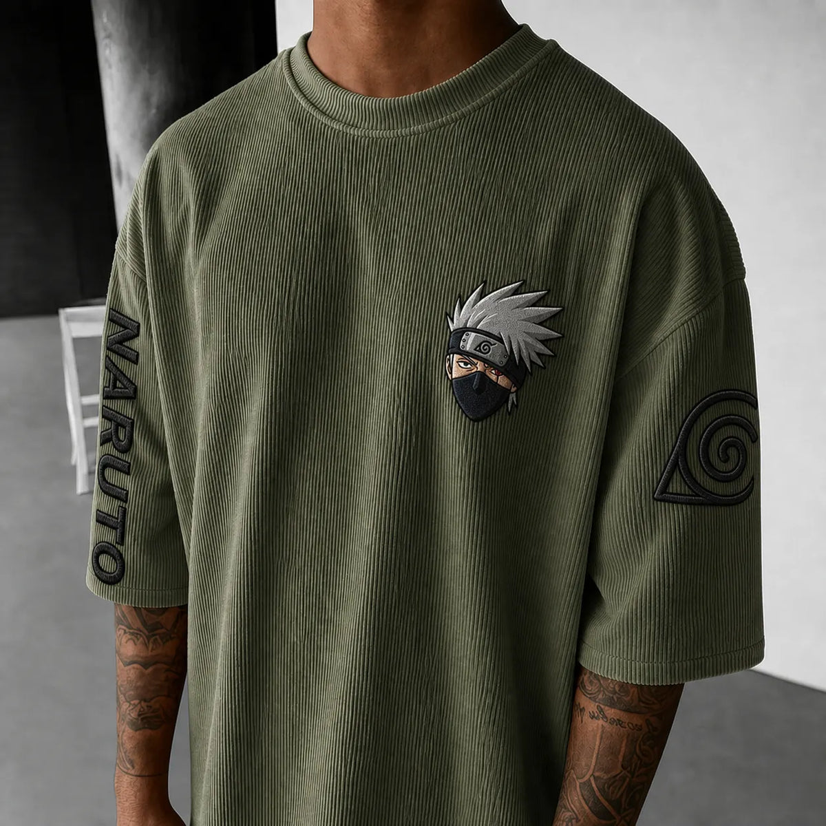 Unisex Anime-Style Retro Corduroy Oversized T-Shirt