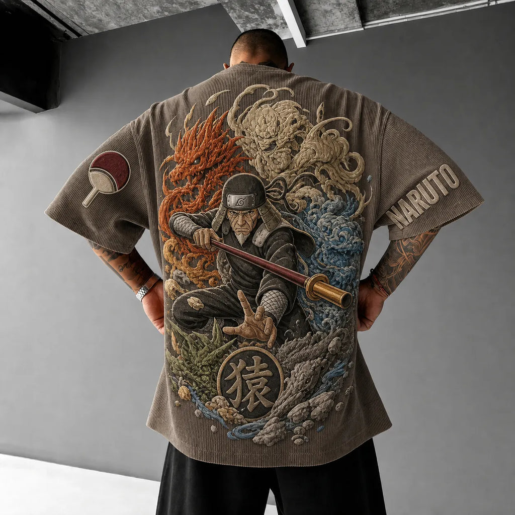 Unisex Anime-Style Retro Corduroy Oversized T-Shirt