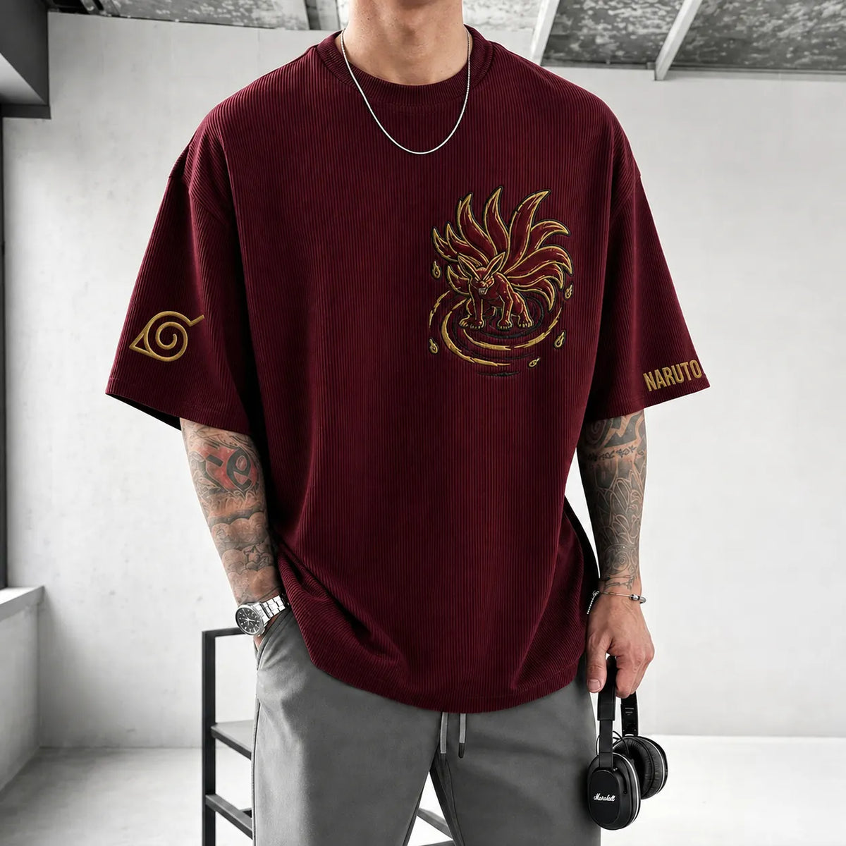 Unisex Anime-Style Retro Corduroy Oversized T-Shirt