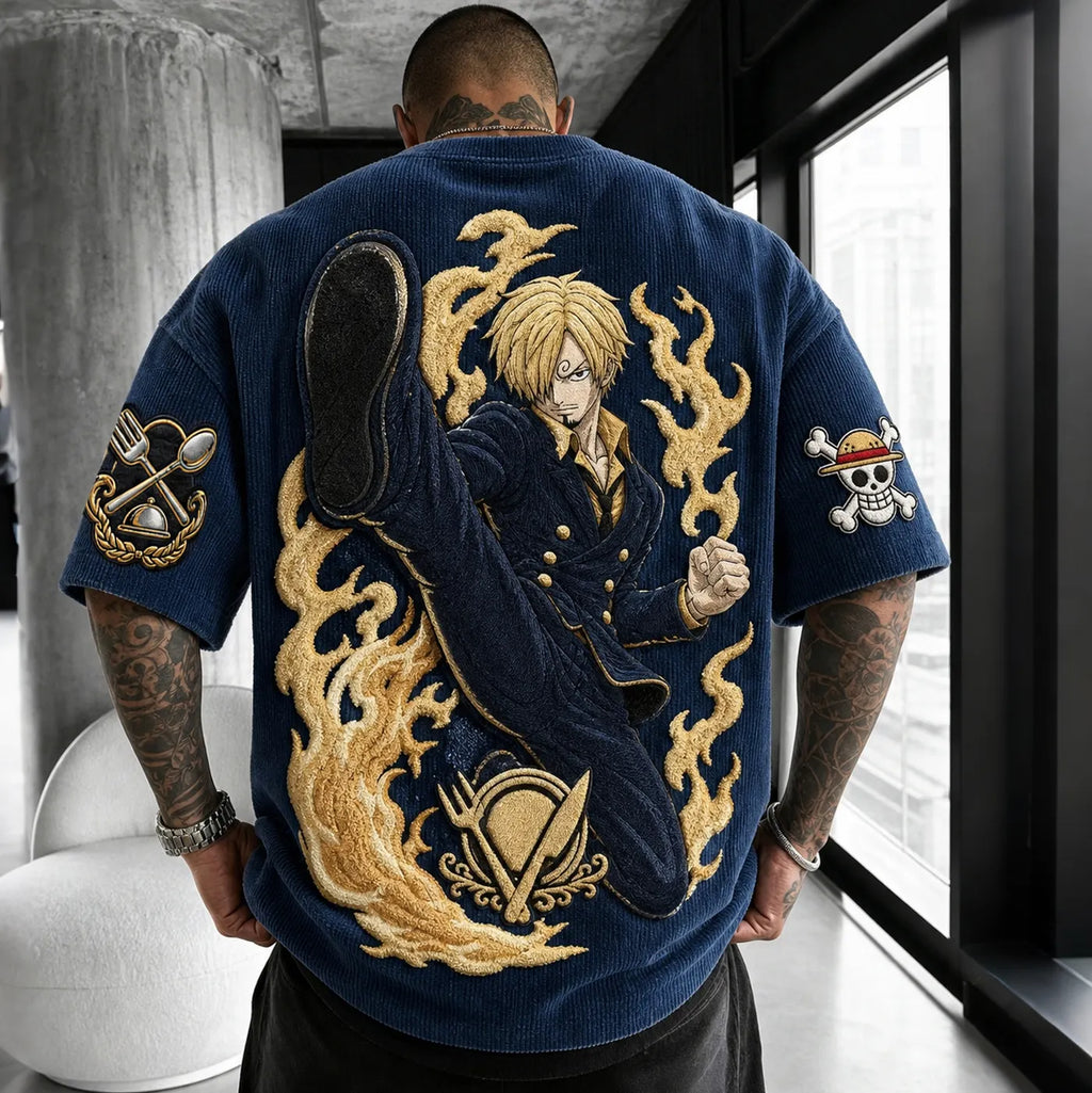Unisex Anime-Style Retro Corduroy Oversized T-Shirt
