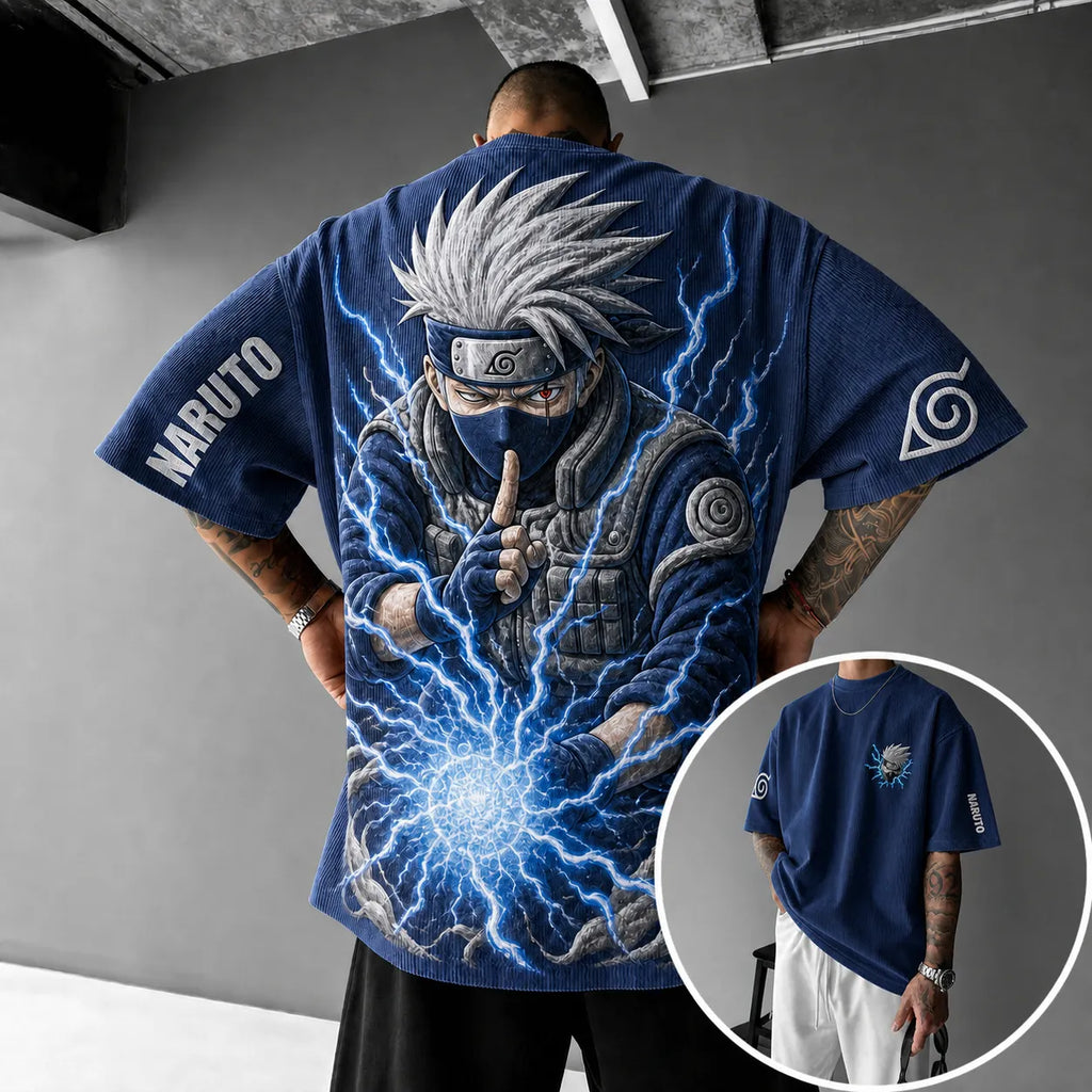 Unisex Anime-Style Retro Corduroy Oversized T-Shirt