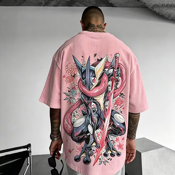 Anime-Inspired Vintage Waffle Knit T-Shirt