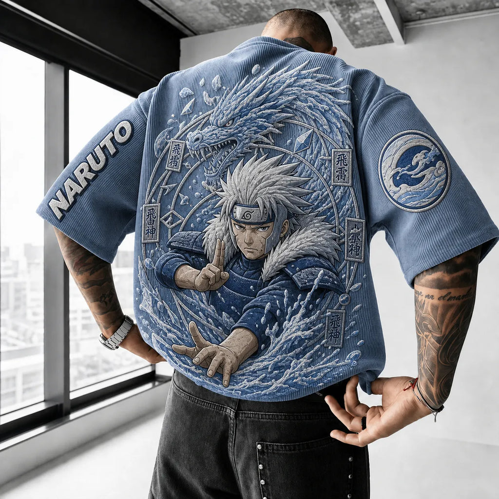 Unisex Anime-Style Retro Corduroy Oversized T-Shirt