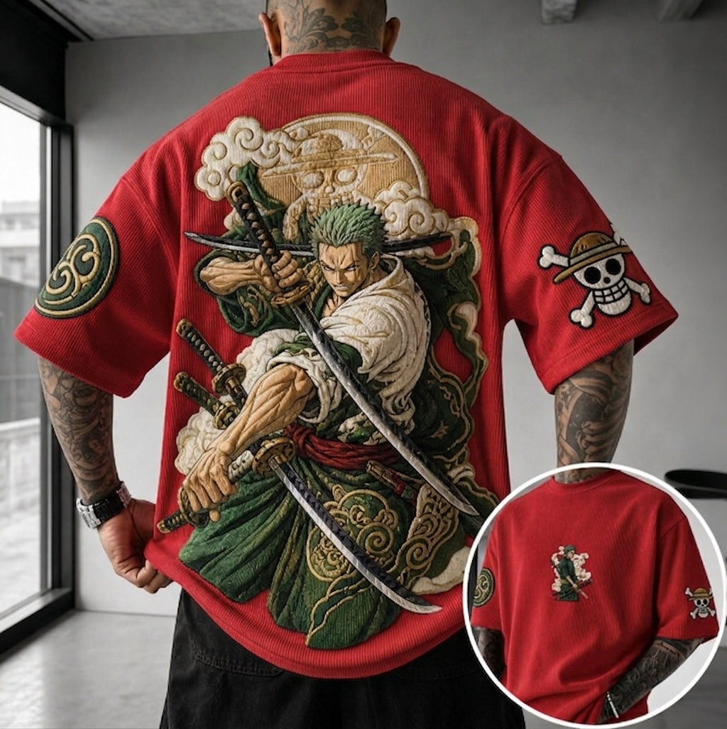 Unisex Anime-Style Retro Corduroy Oversized T-Shirt