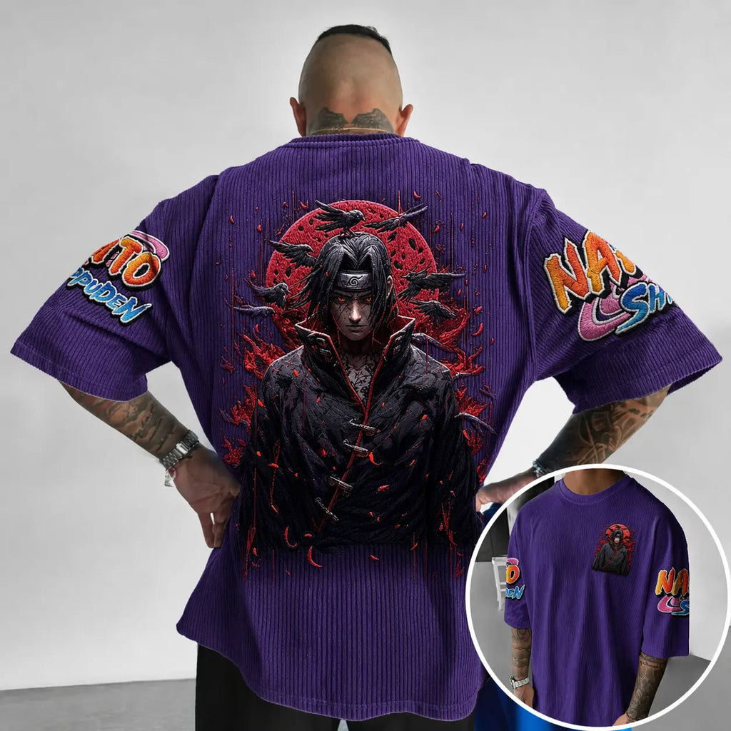 Unisex Anime-Style Retro Corduroy Oversized T-Shirt