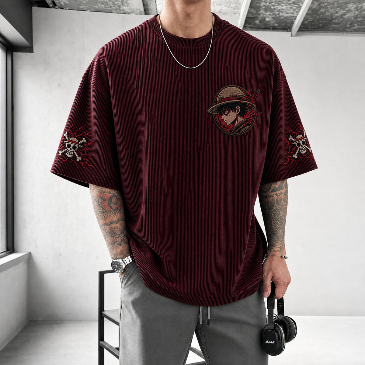 Unisex Oversized Anime-Print Vertical-Stripe Short-Sleeve T-Shirt