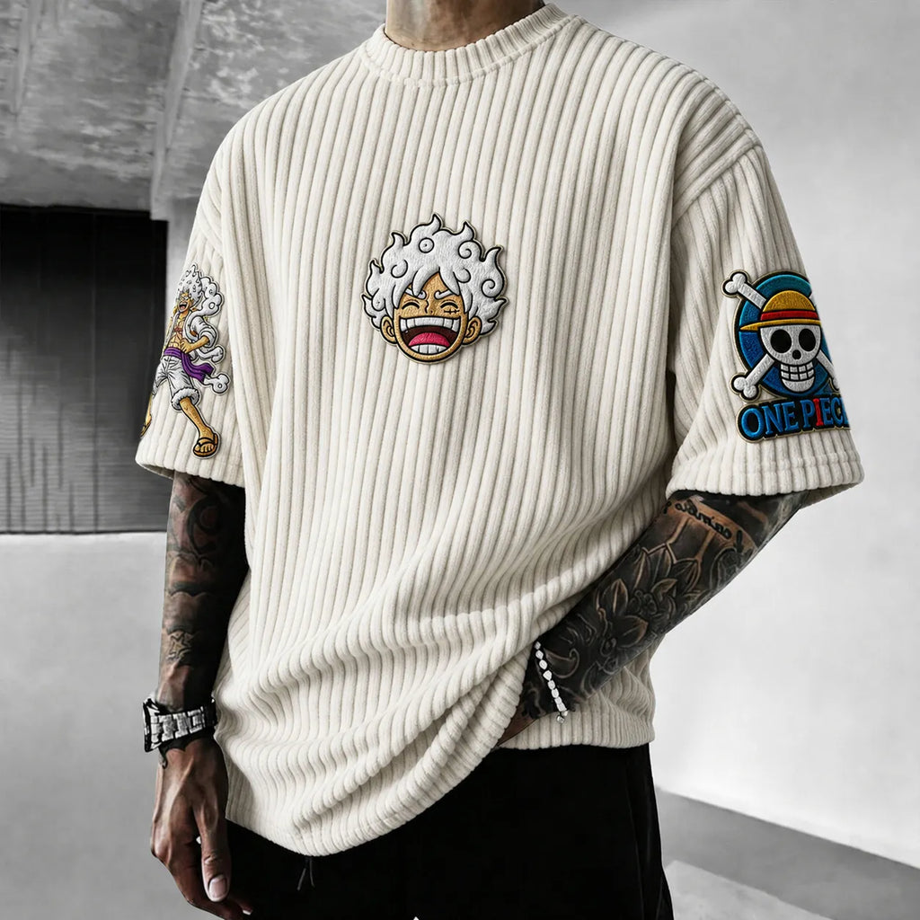 Unisex Anime-Style Retro Corduroy Oversized T-Shirt