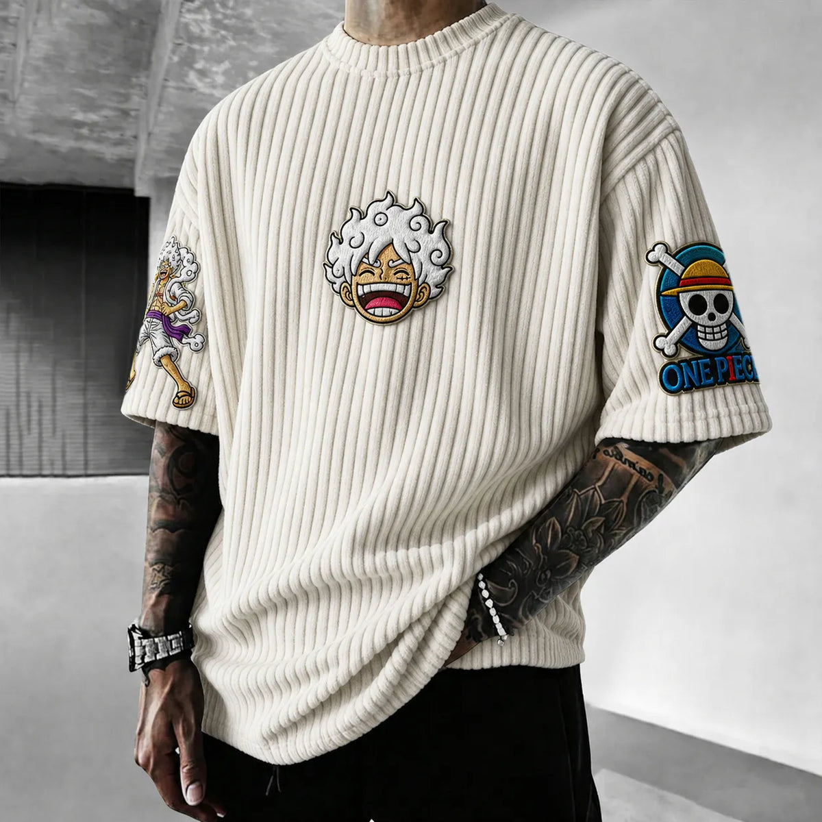 Unisex Anime-Style Retro Corduroy Oversized T-Shirt