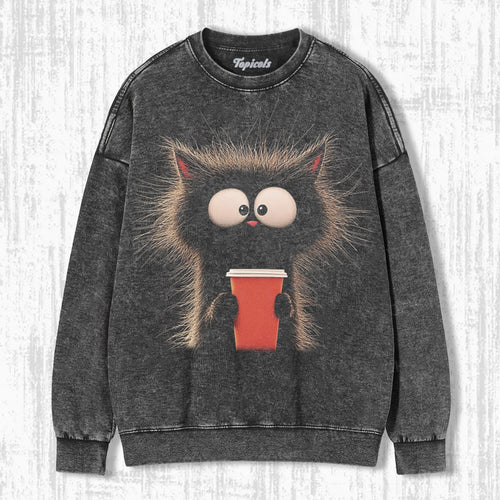 CARICATURE CAT WITH A MUG T-SHIRT