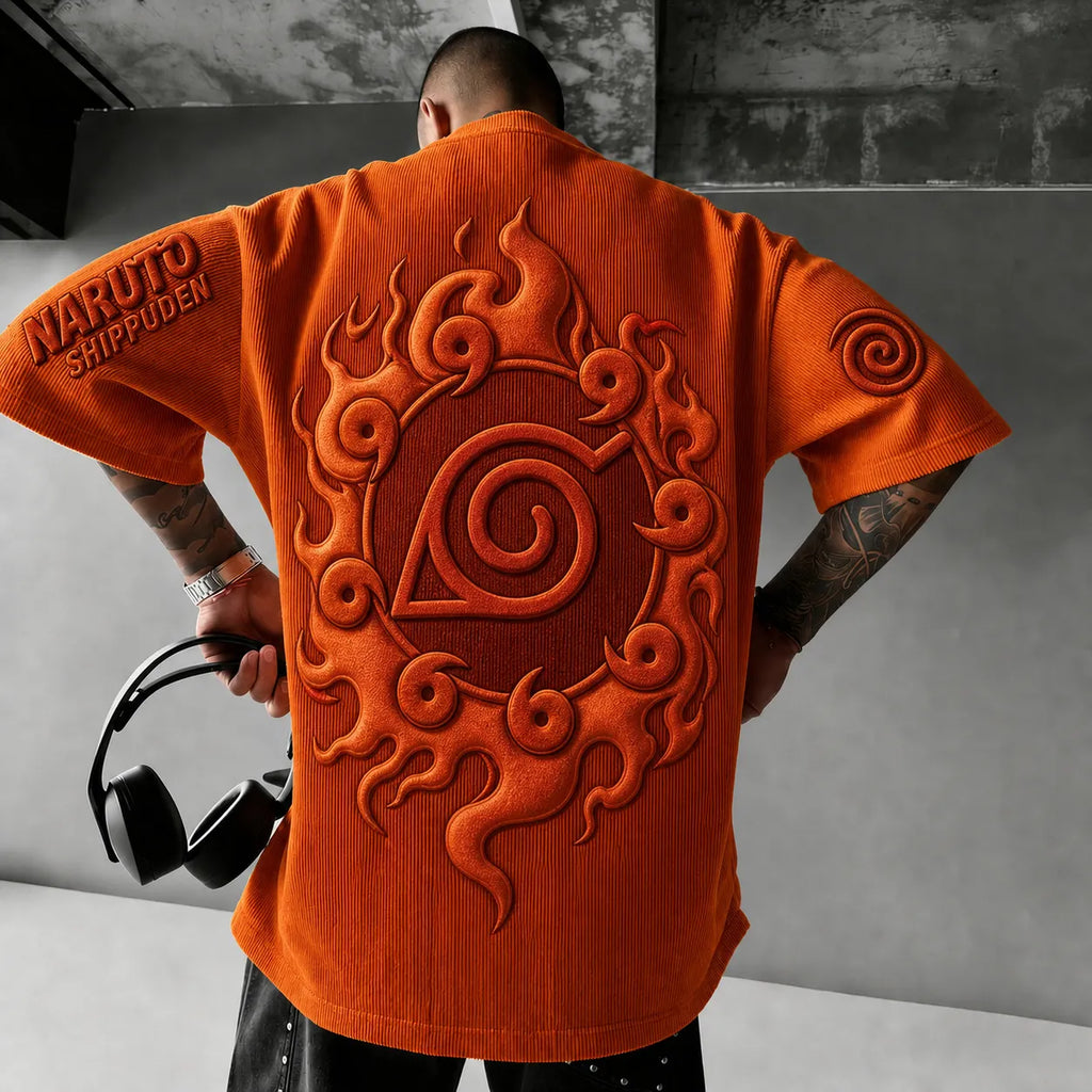 Unisex Anime-Style Retro Corduroy Oversized T-Shirt