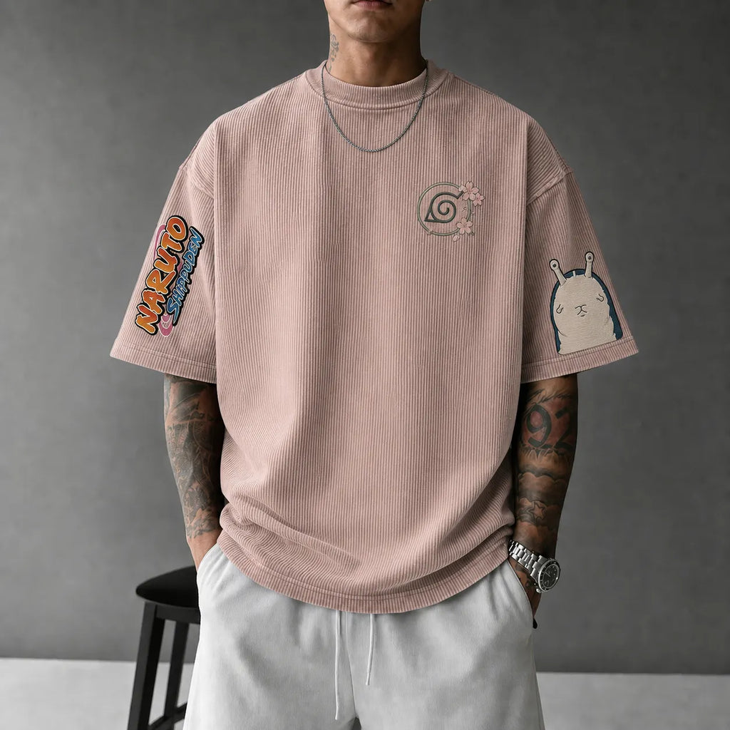 Unisex Anime-Style Retro Corduroy Oversized T-Shirt