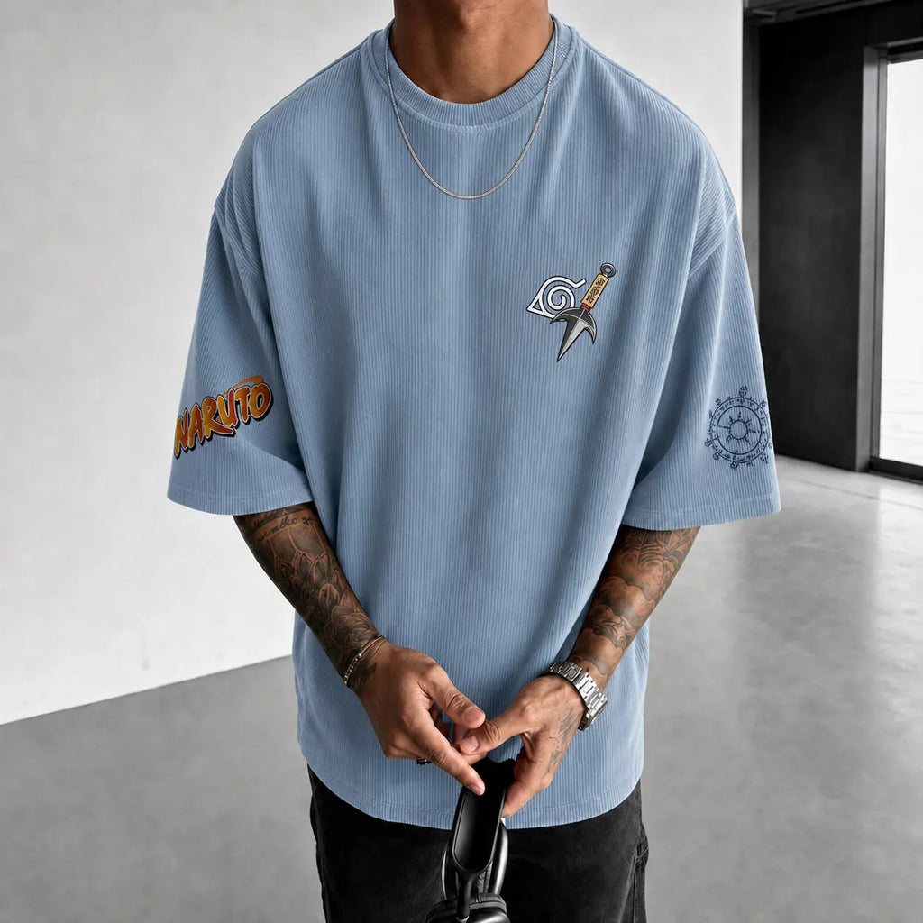 Unisex Anime-Style Retro Corduroy Oversized T-Shirt