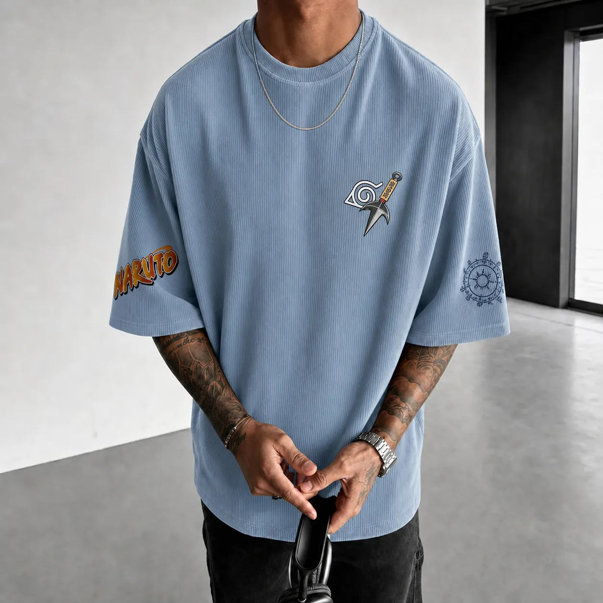 Unisex Anime-Style Retro Corduroy Oversized T-Shirt