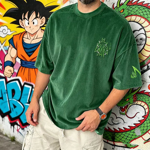 Anime-Inspired Vintage Waffle Knit T-Shirt
