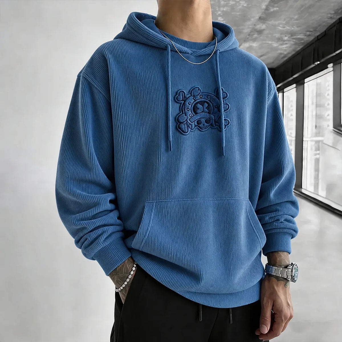 Unisex Retro Corduroy Hoodie With Anime-style Graphics