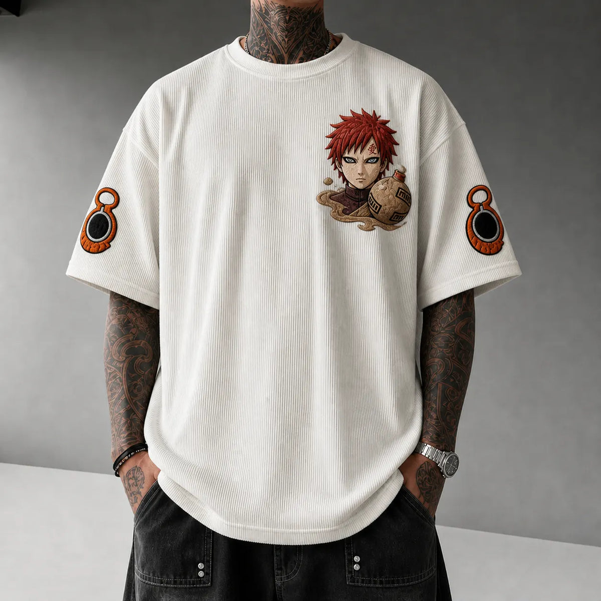 Unisex Oversized Anime-Print Vertical-Stripe Short-Sleeve T-Shirt