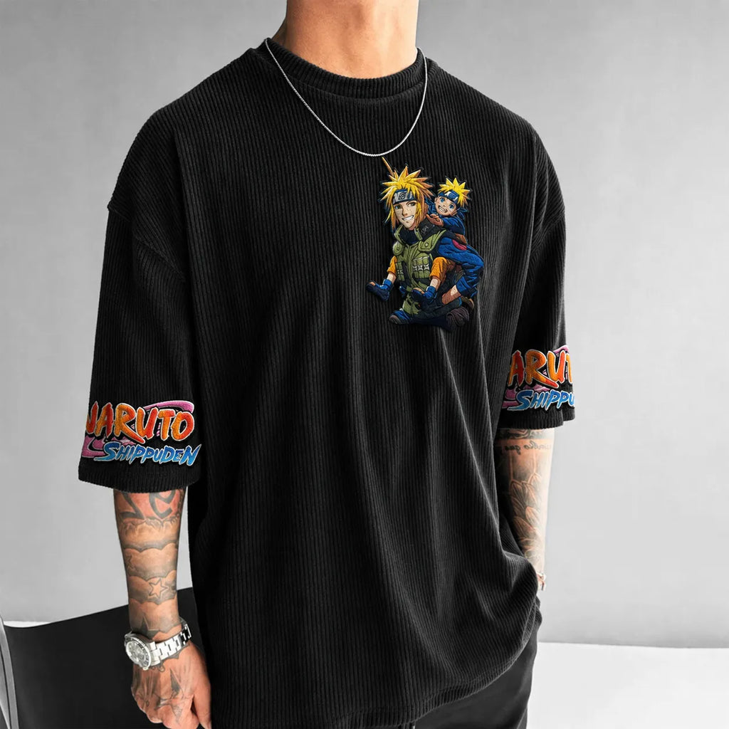 Unisex Anime-Style Retro Corduroy Oversized T-Shirt