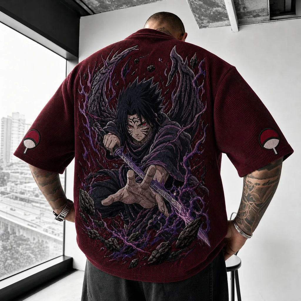 Unisex Oversized Anime-Print Vertical-Stripe Short-Sleeve T-Shirt