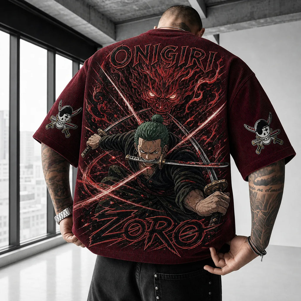 Unisex Oversized Anime-Print Vertical-Stripe Short-Sleeve T-Shirt