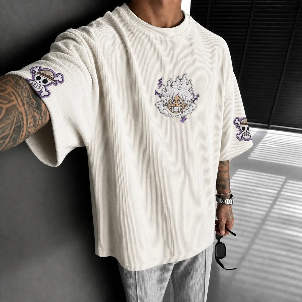 Unisex Oversized Anime-Print Vertical-Stripe Short-Sleeve T-Shirt