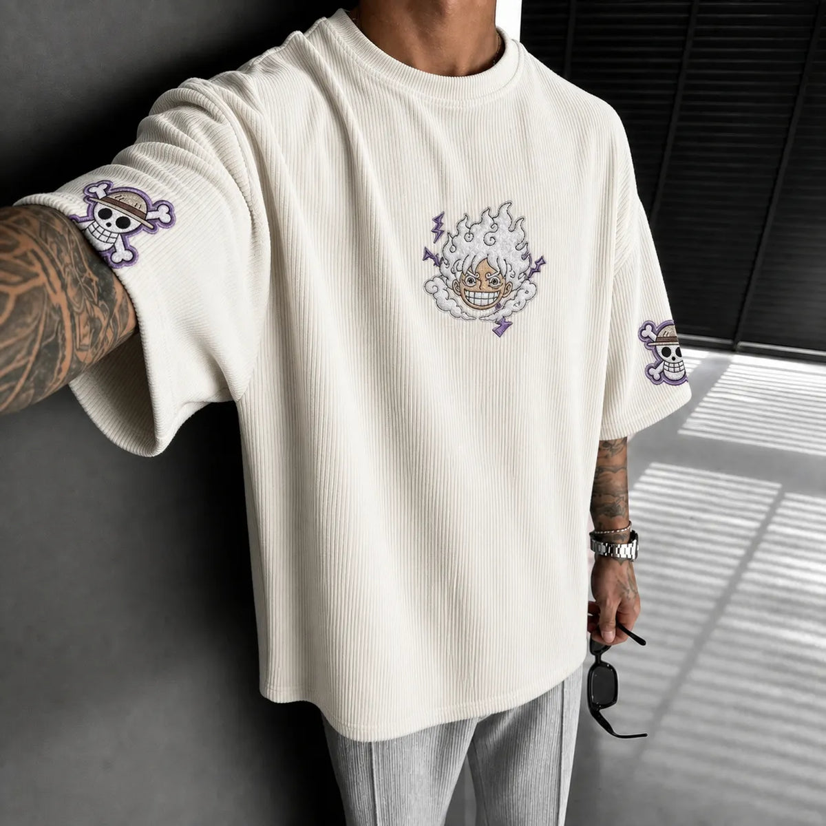 Unisex Oversized Anime-Print Vertical-Stripe Short-Sleeve T-Shirt