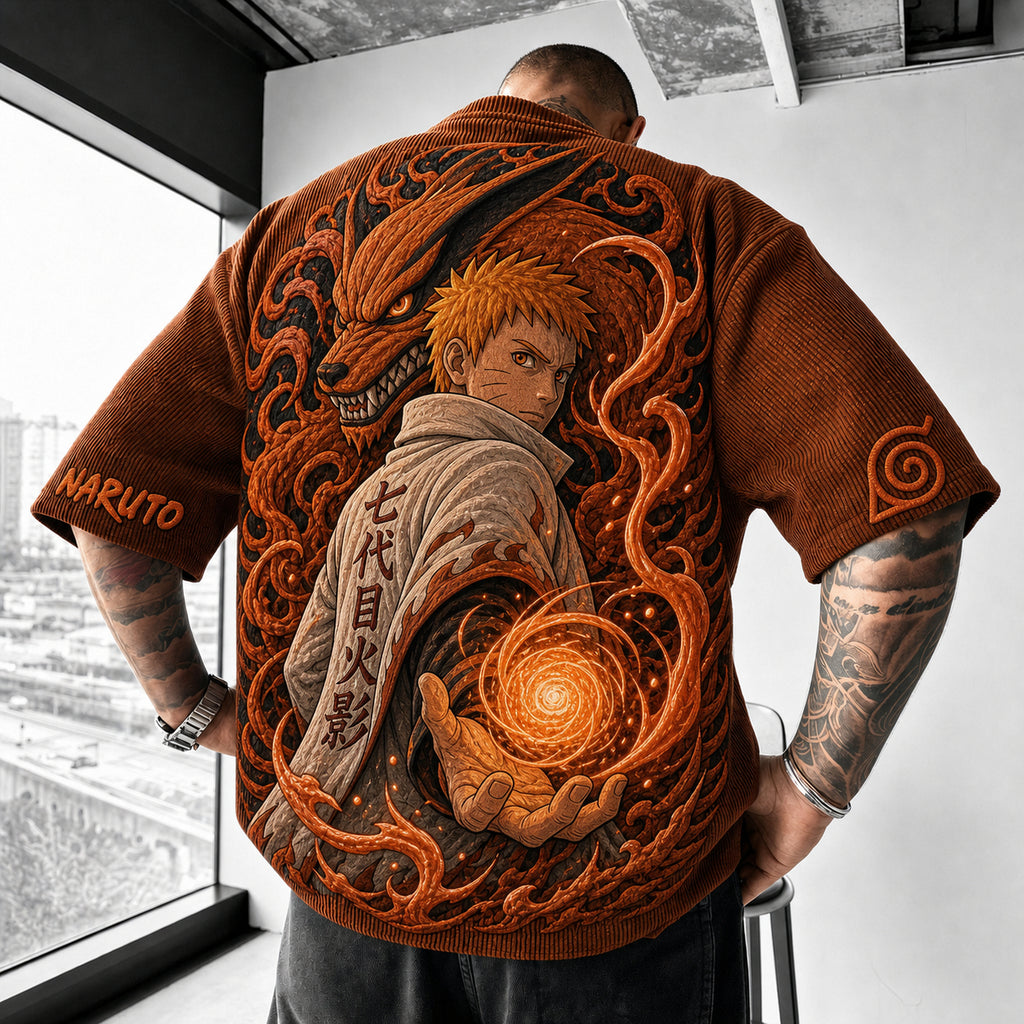 Unisex Anime-Style Retro Corduroy Oversized T-Shirt