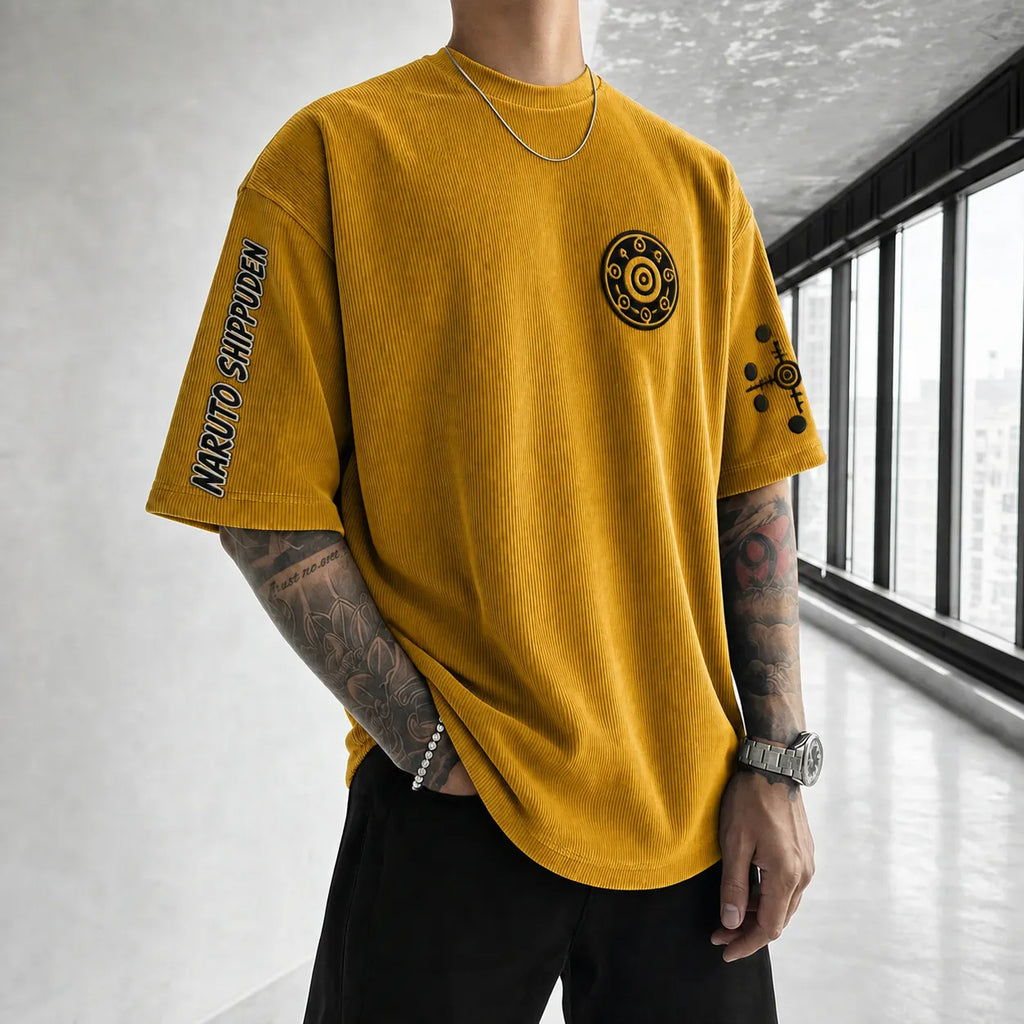 Unisex Anime-Style Retro Corduroy Oversized T-Shirt
