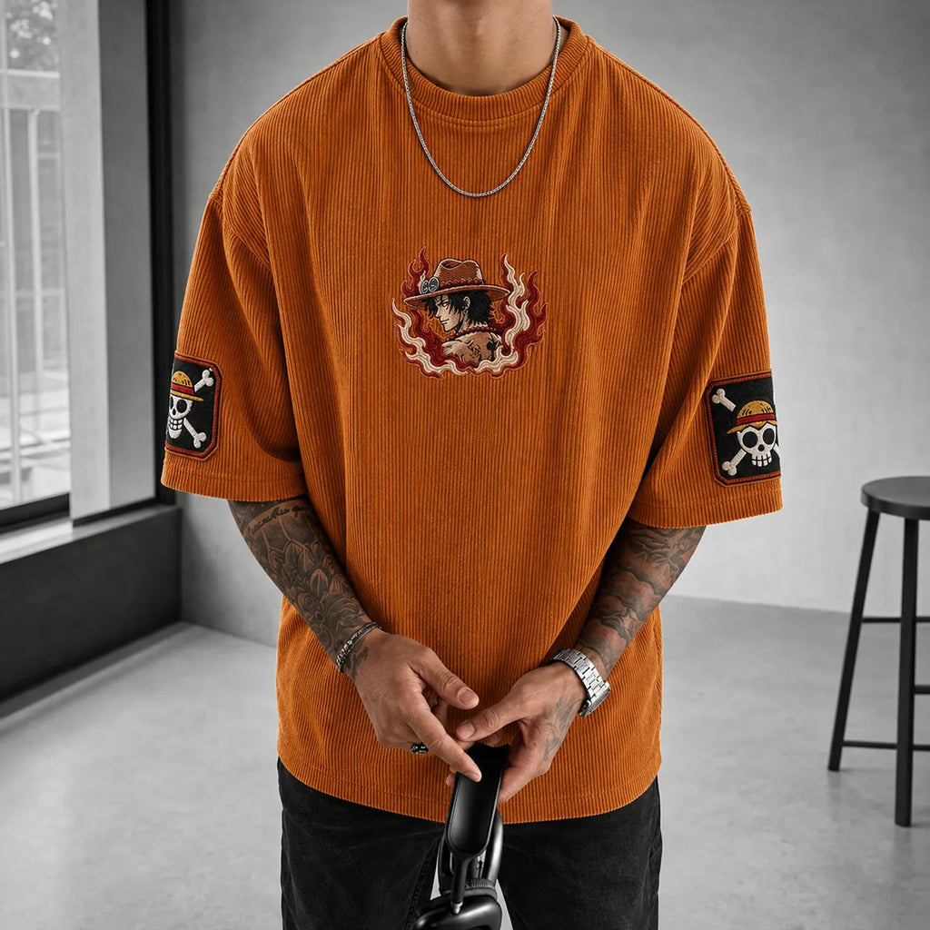 Unisex Anime-Style Retro Corduroy Oversized T-Shirt