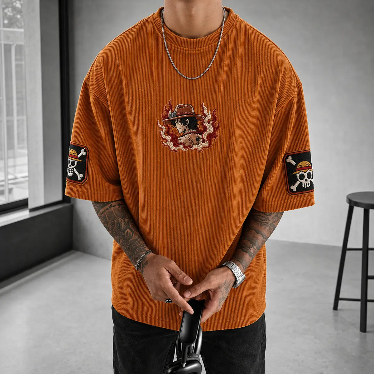 Unisex Anime-Style Retro Corduroy Oversized T-Shirt