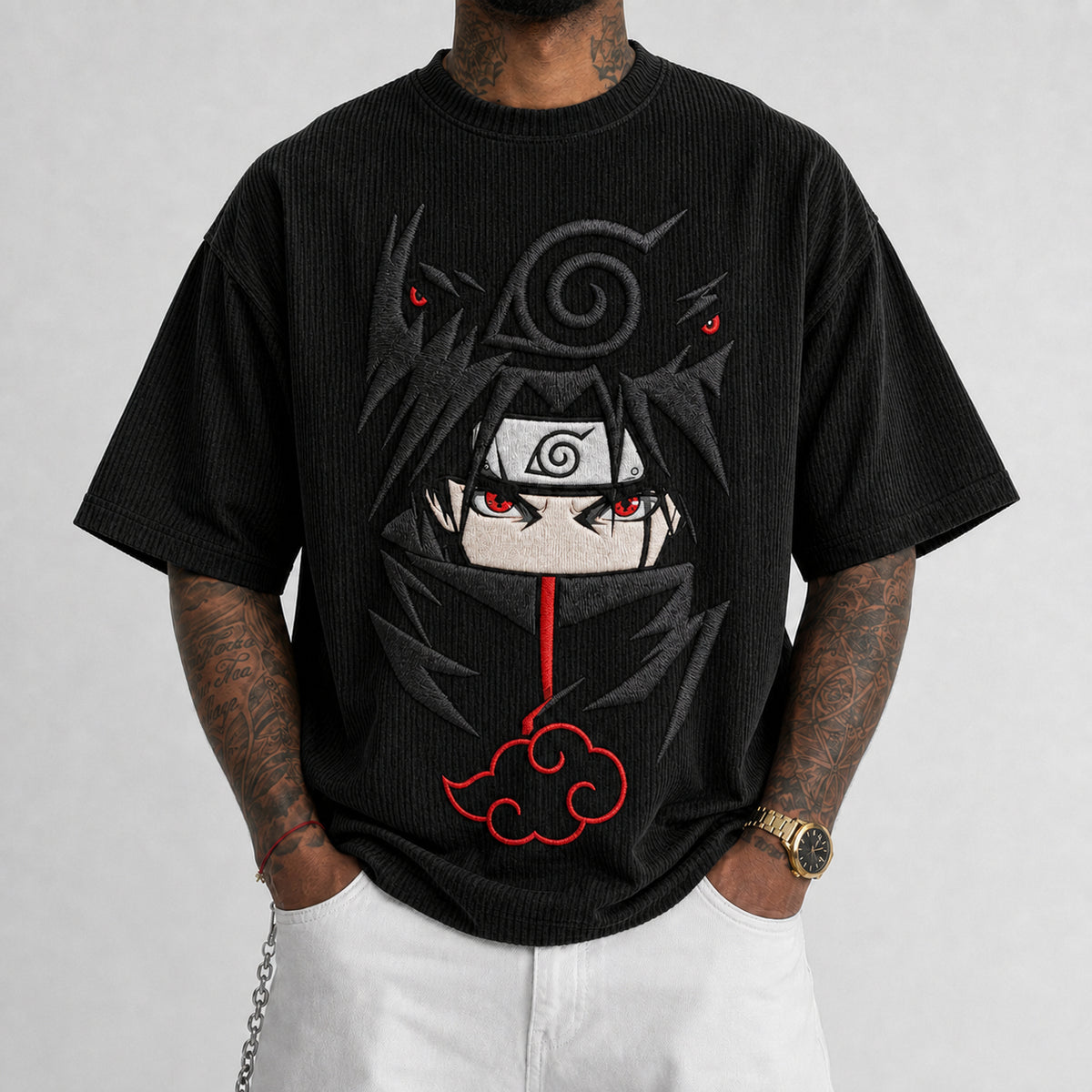 Unisex Anime-Style Retro Corduroy Oversized T-Shirt