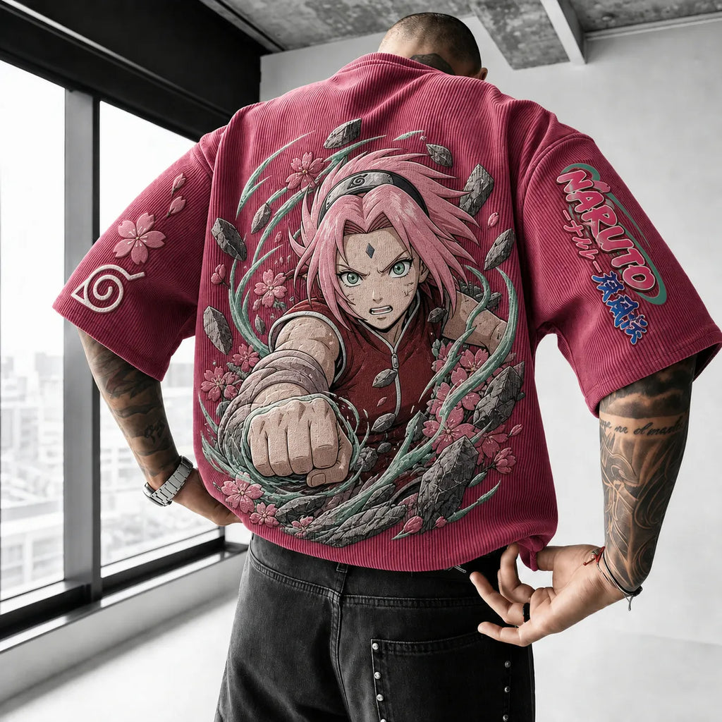 Unisex Anime-Style Retro Corduroy Oversized T-Shirt