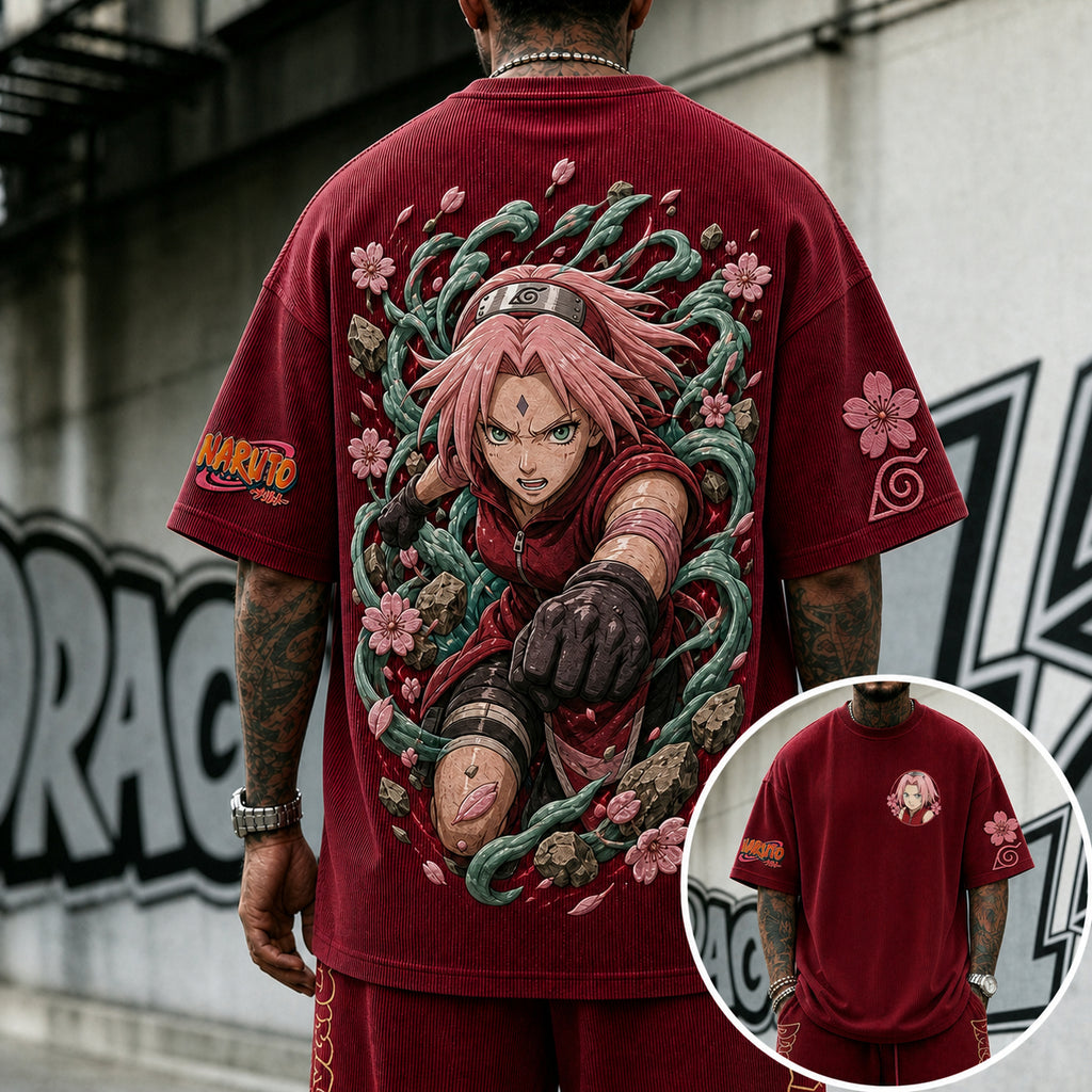 Unisex Anime-Style Retro Corduroy Oversized T-Shirt