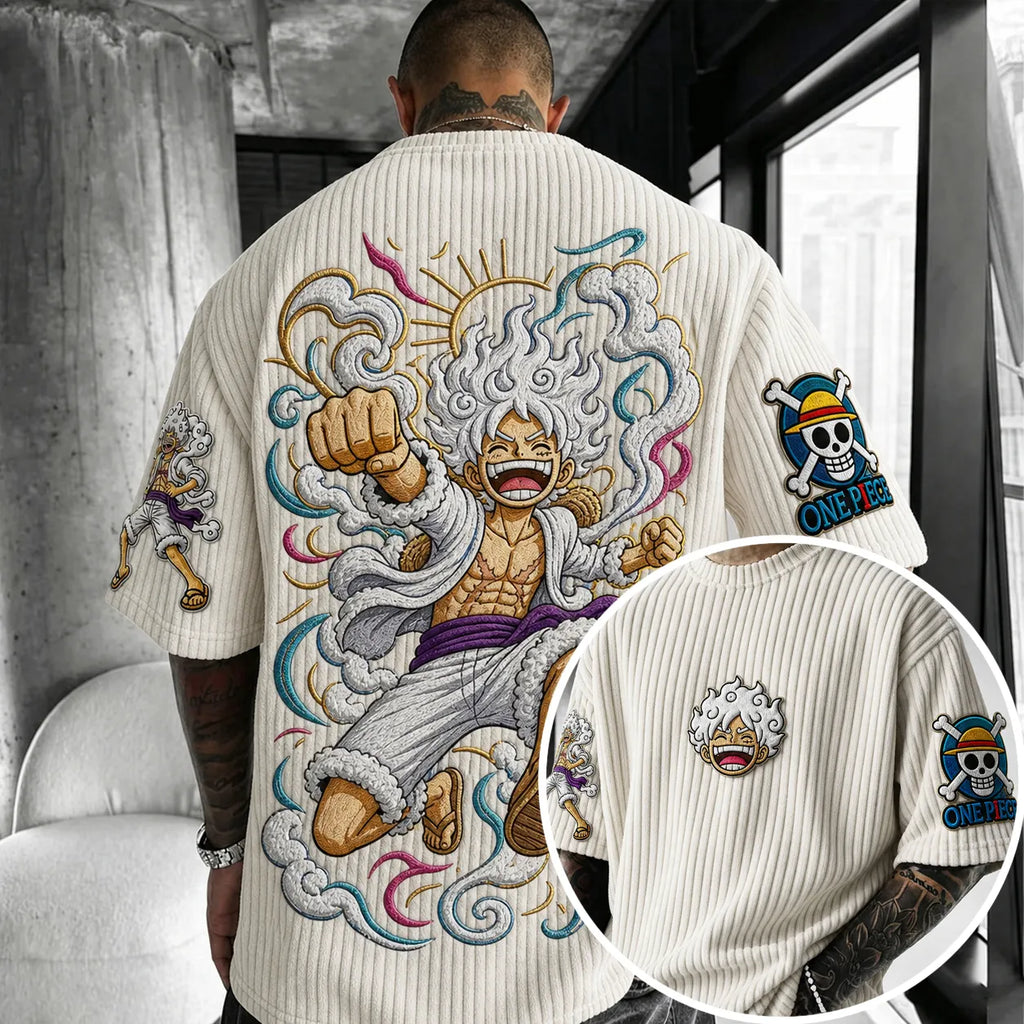 Unisex Anime-Style Retro Corduroy Oversized T-Shirt