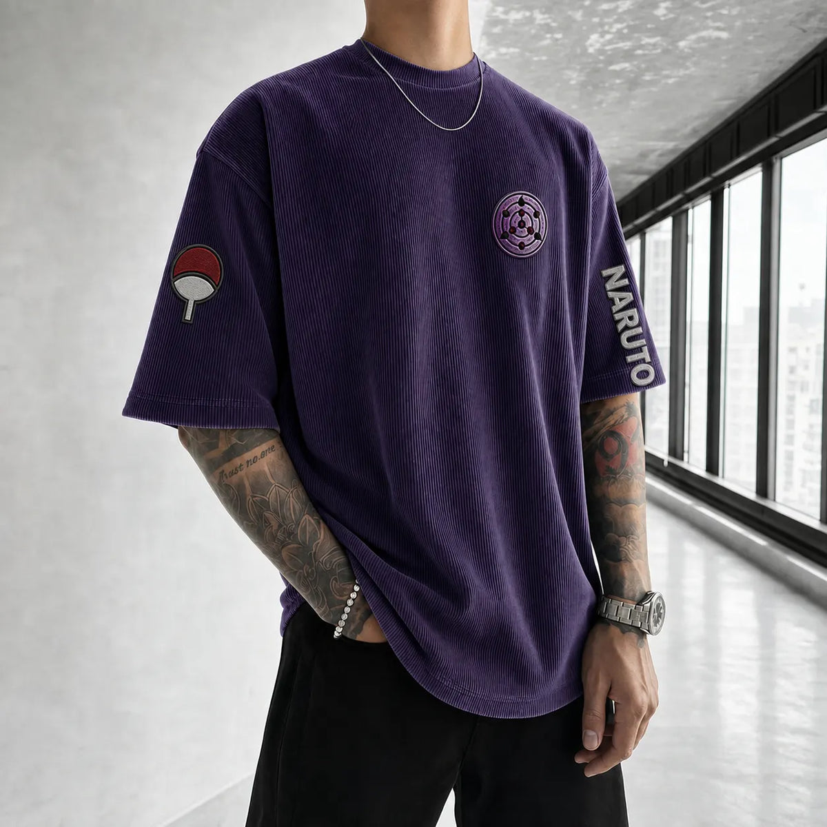 Unisex Anime-Style Retro Corduroy Oversized T-Shirt