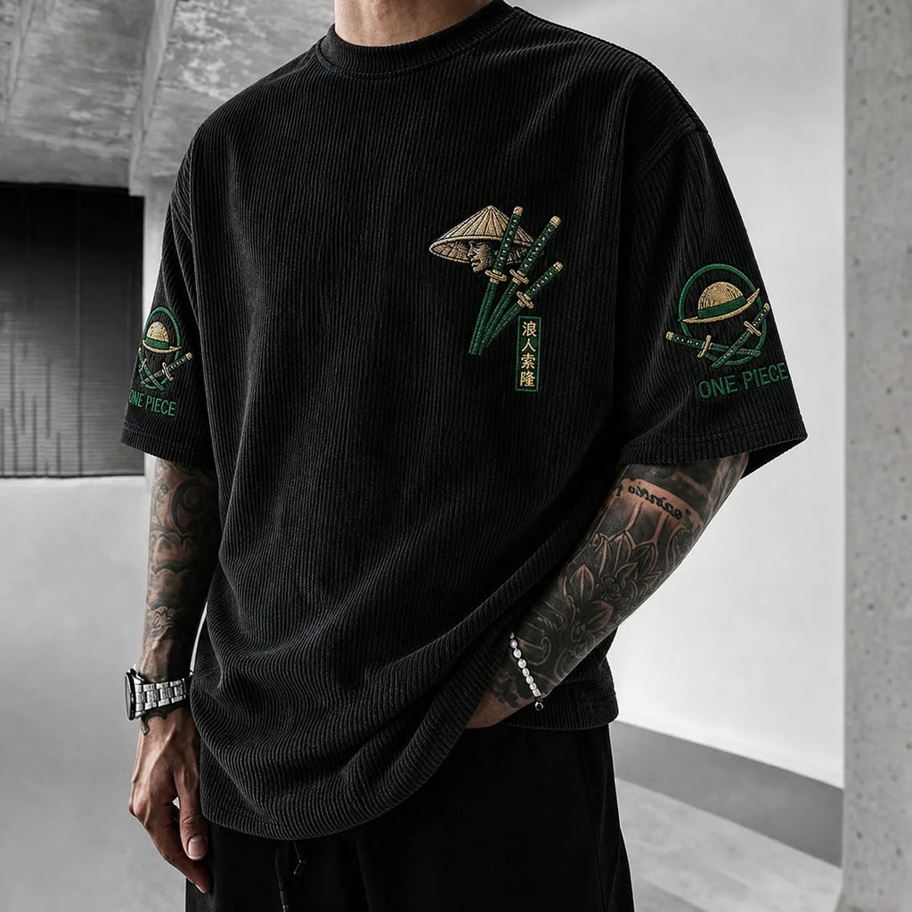 Unisex Short-Sleeve Corduroy T-Shirt With Anime Print
