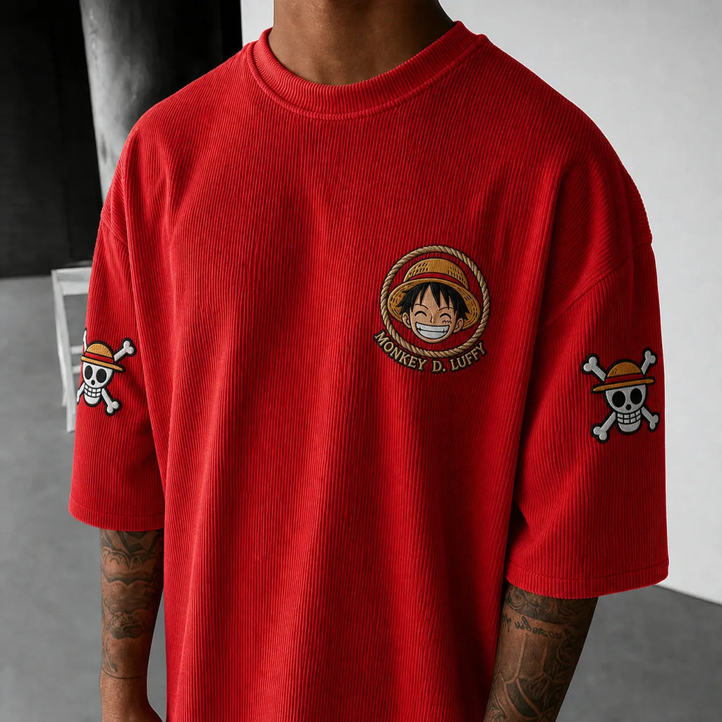 Unisex Oversized Anime-Print Vertical-Stripe Short-Sleeve T-Shirt