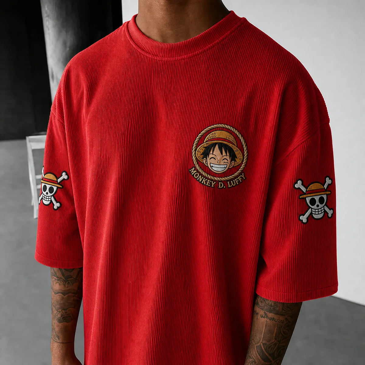 Unisex Oversized Anime-Print Vertical-Stripe Short-Sleeve T-Shirt