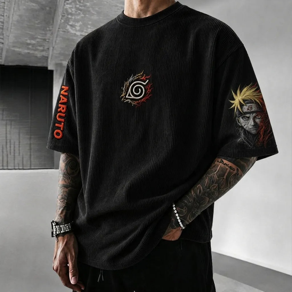 Unisex Anime-Style Retro Corduroy Oversized T-Shirt