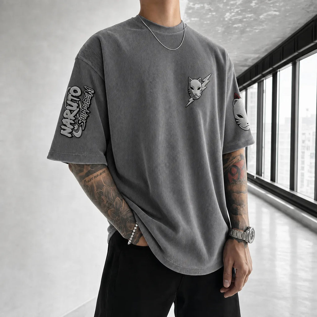 Unisex Anime-Style Retro Corduroy Oversized T-Shirt