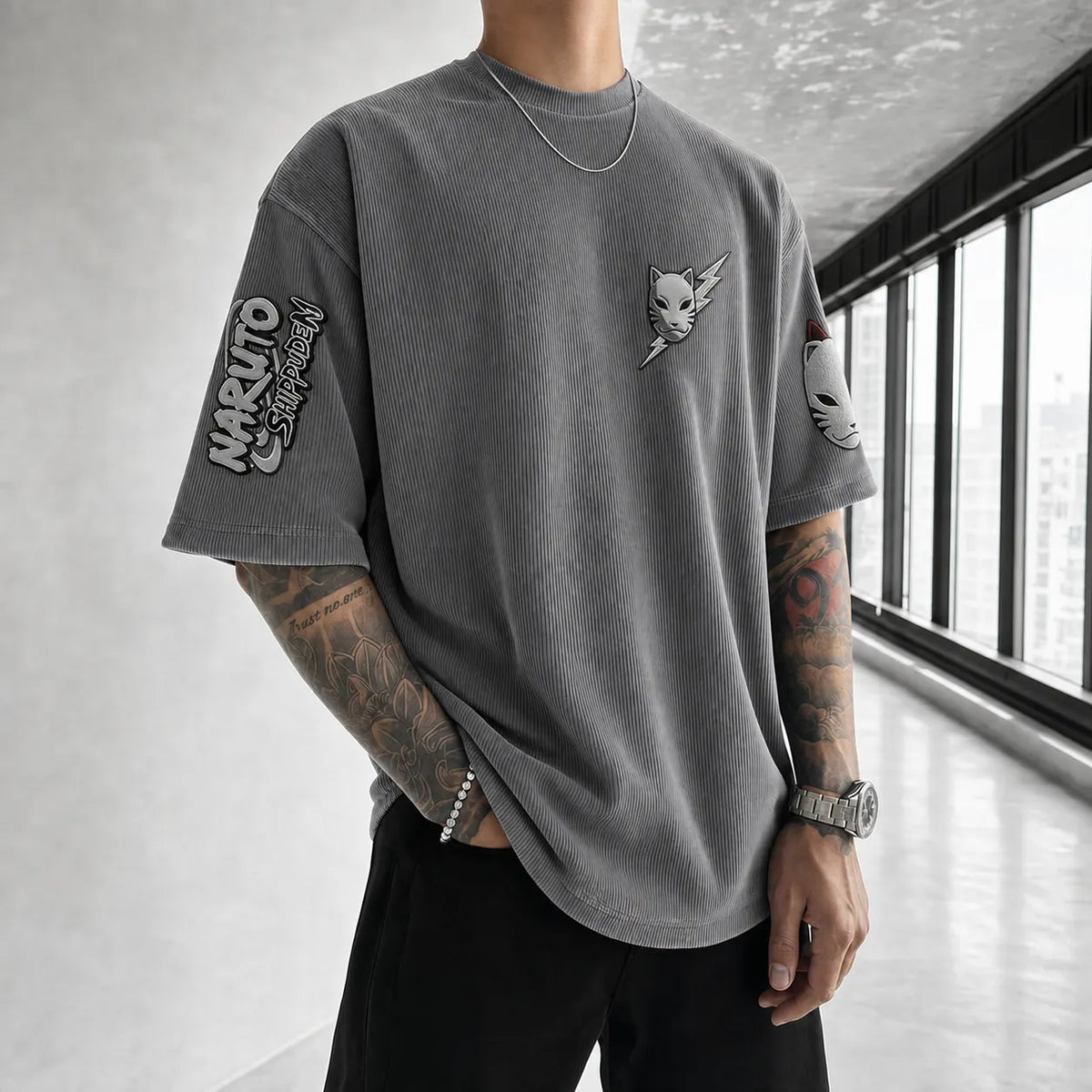 Unisex Anime-Style Retro Corduroy Oversized T-Shirt