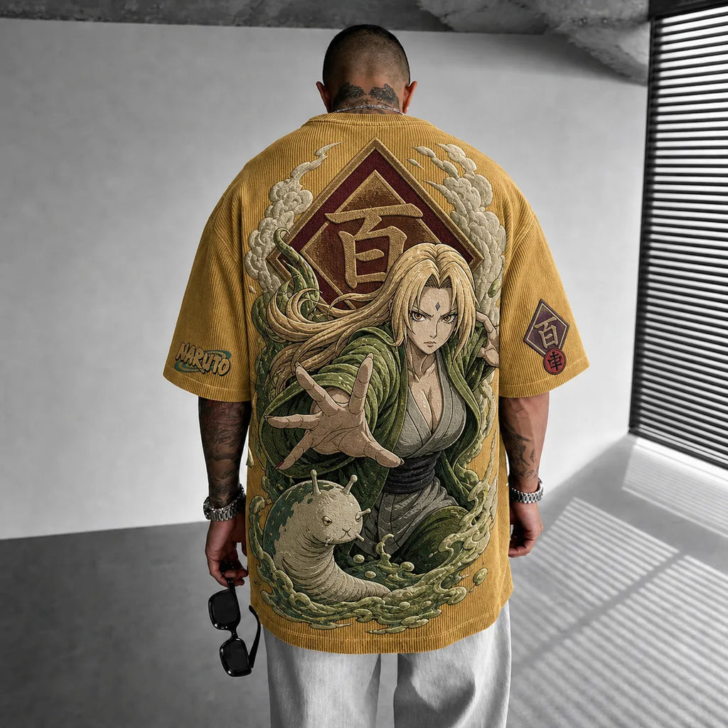 Unisex Anime-Style Retro Corduroy Oversized T-Shirt